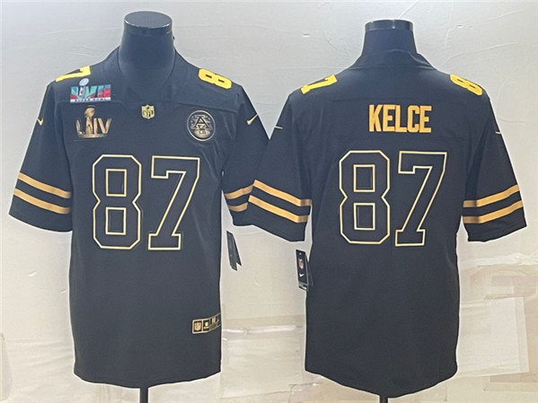 Men??s Kansas City Chiefs #87 Travis Kelce Black Golden Super Bowl LV And Super Bowl LVII Patch And 4-star C Patch Vapor Untouchable Limited Stitched Jersey